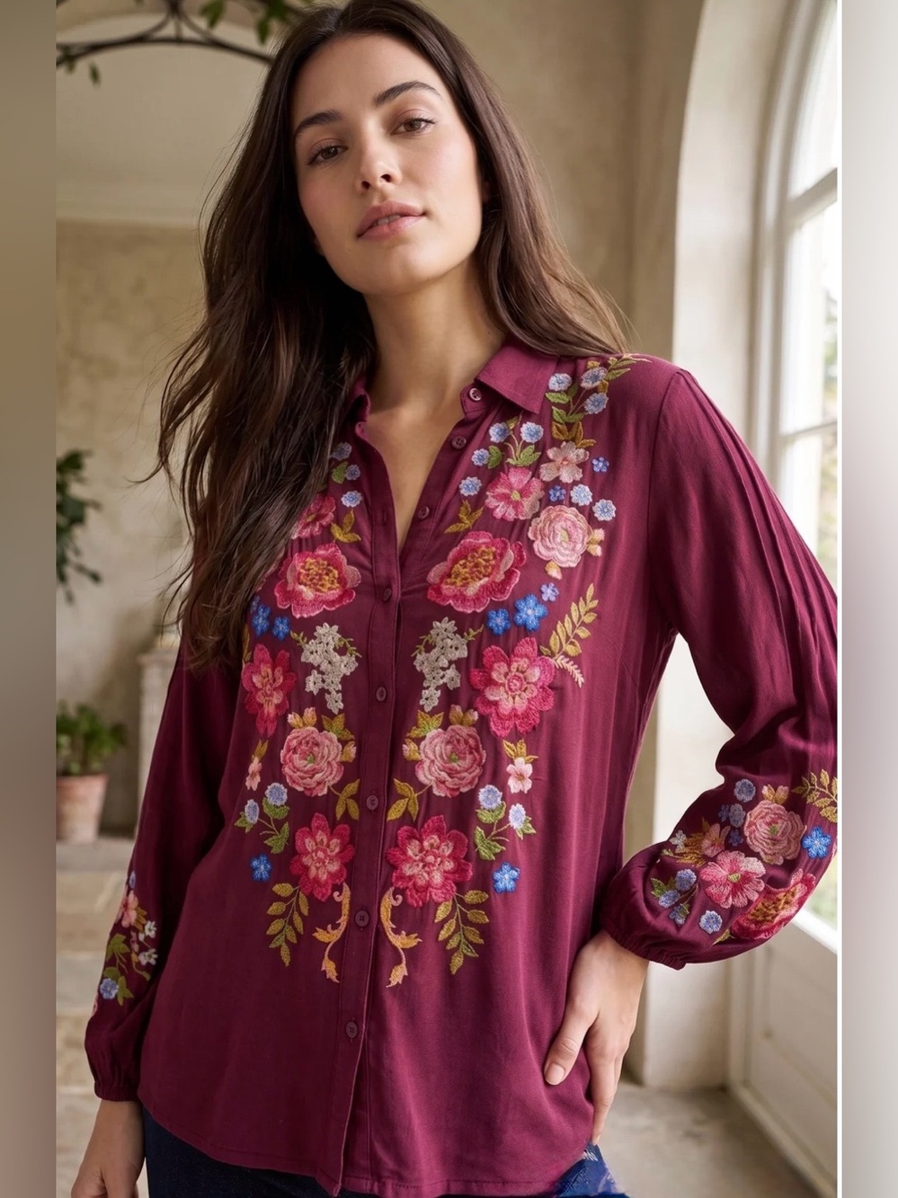 Johnny Was Wine Embroidered 100% Silk Floral Button-Down Blouse Size Large